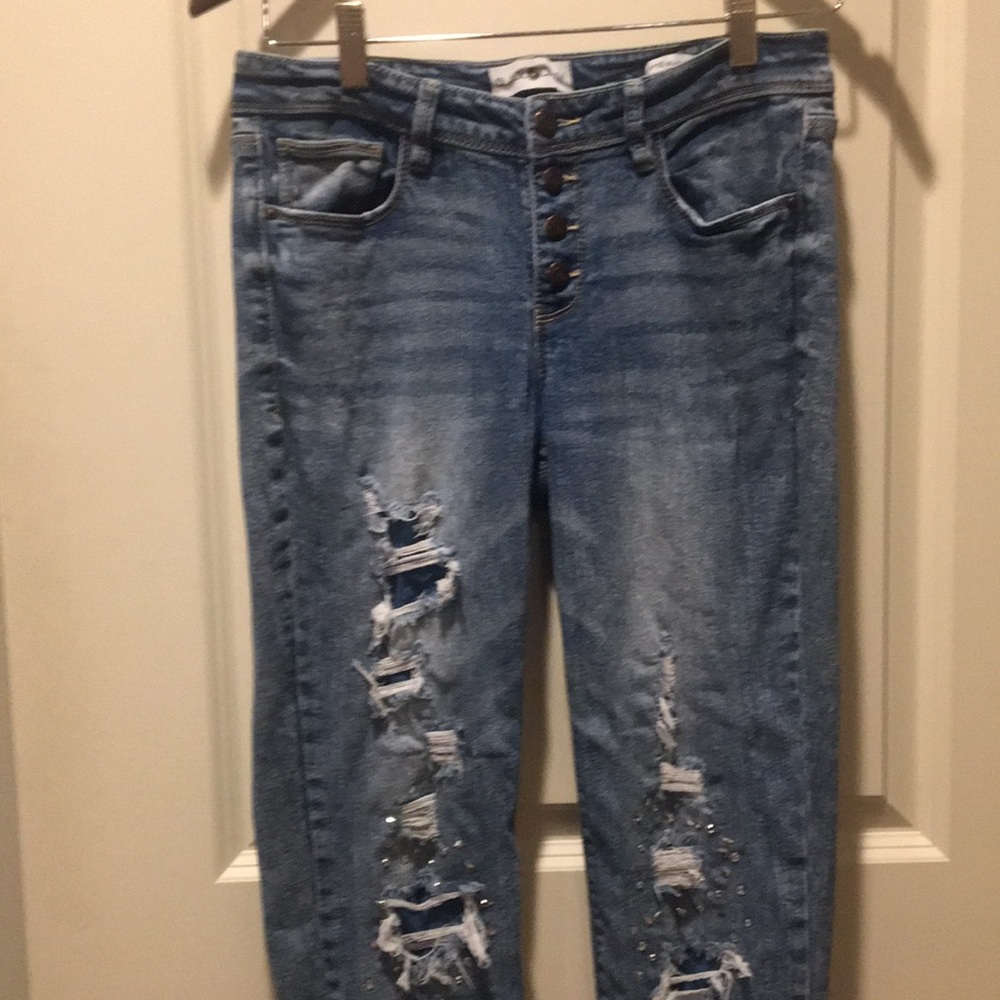 Black Daisy Distressed rhinestone Jamie Relaxed Skinny Jean Button Fly size 7/28